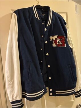 True Religion Navy and White Varsity Bomber Jacket